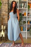 Arbi Gingham Shirring Bandeau Jumpsuit Denim